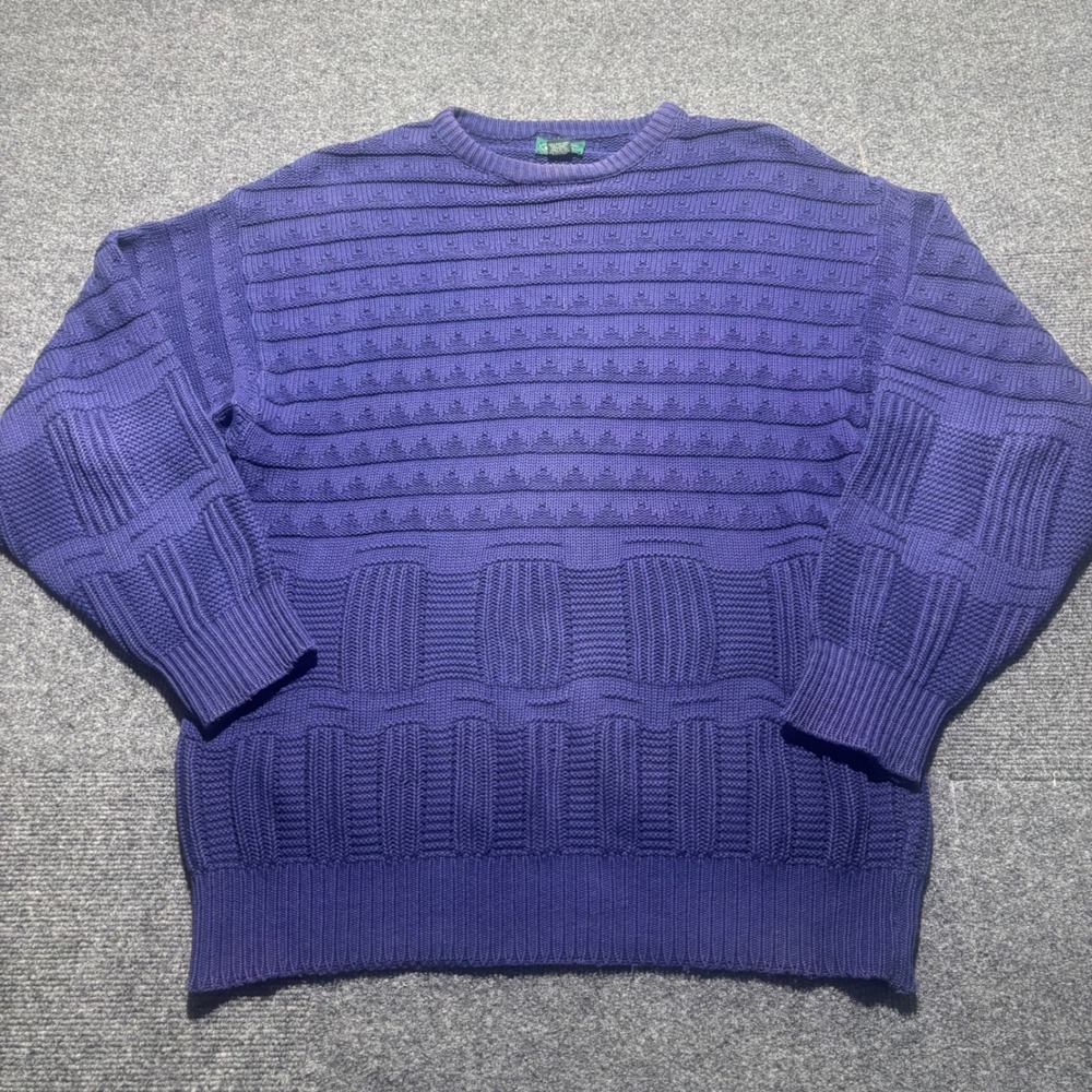 Vintage Izod Purple Textured Knit Sweater Mens Medium Cotton USA Made Crewneck